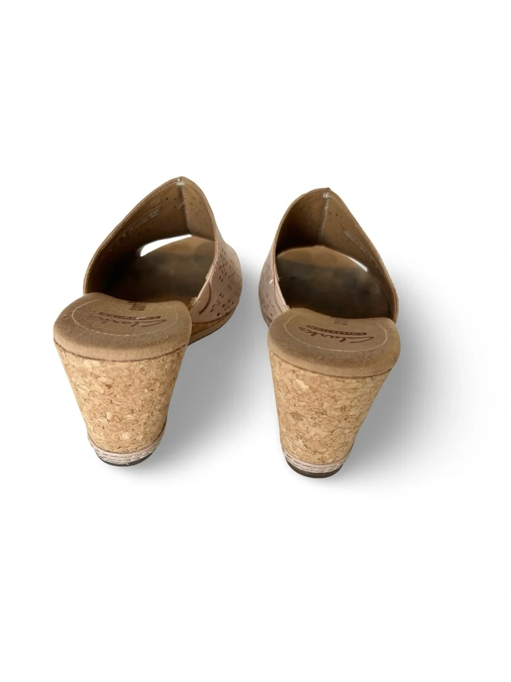Clarks tan leather laser cut slip on cork wedges Size 6 Neutral Peep toe Summer
